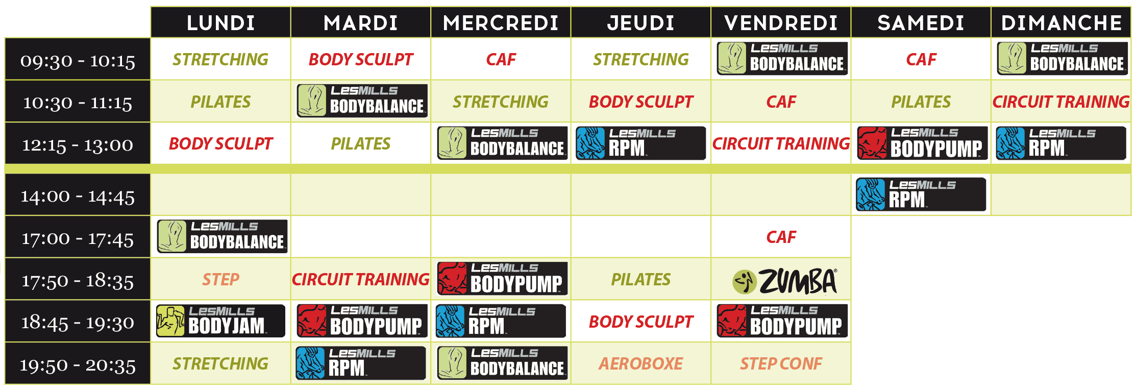 Planning des cours Fitness à L'aquatonic Paris